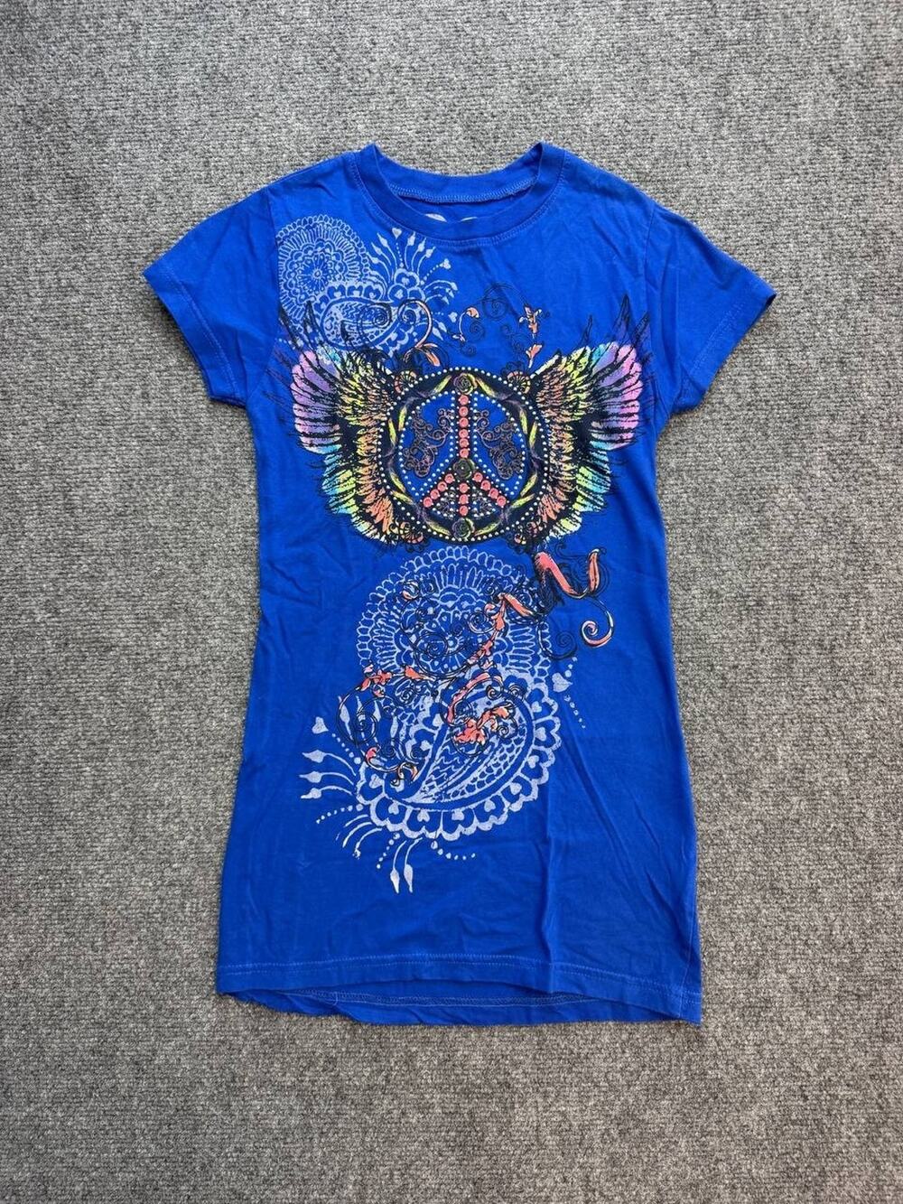 Desiree Women's S Blue Y2K Peace Sign Wings Rhinestone Graphic Tunic T-Shirt